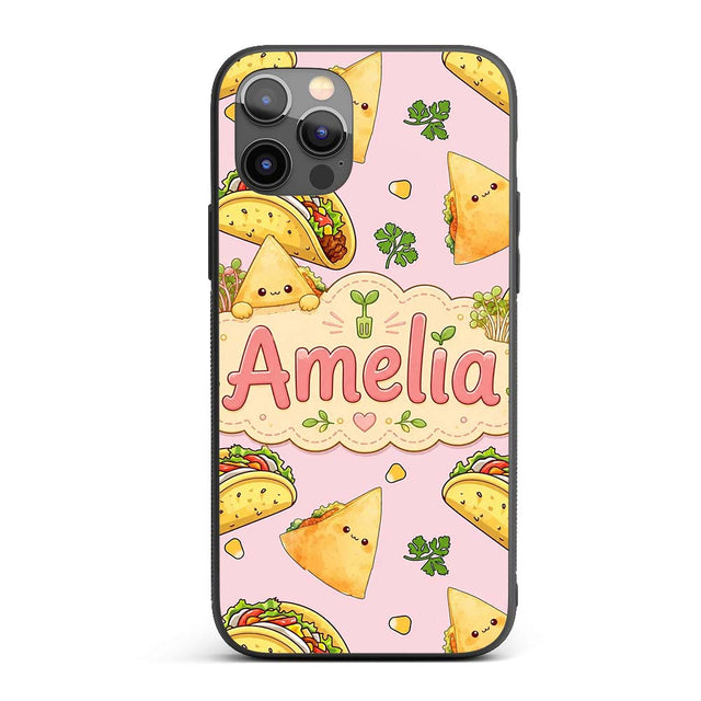 Cute Kawaii Taco and Wrap Food Pattern Soft Pink Custom Name Protective Phone Case Mobile Cover Durable Everyday Smartphone Shock Resistant