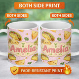 Personalized Custom Name Cute Kawaii Taco and Wrap Food Pattern Soft Pink Background 11oz Ceramic Coffee Tea Mug White Large Handle