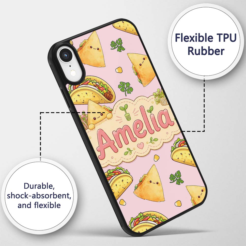Cute Kawaii Taco and Wrap Food Pattern Soft Pink Custom Name Protective Phone Case Mobile Cover Durable Everyday Smartphone Shock Resistant