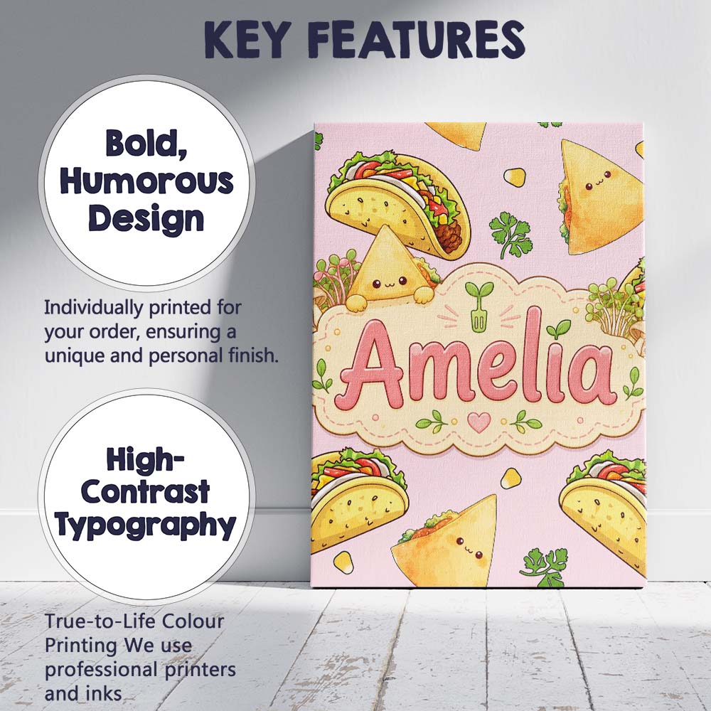 Personalised Name Cute Kawaii Taco and Wrap Custom  Bespoke Interior Contemporary Canvas Wall Art Print Decor Picture Ready to Hang