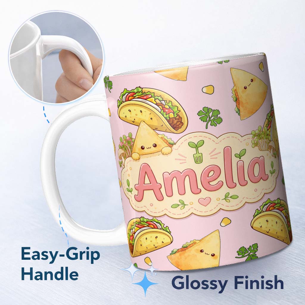 Personalized Custom Name Cute Kawaii Taco and Wrap Food Pattern Soft Pink Background 11oz Ceramic Coffee Tea Mug White Large Handle
