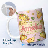 Personalized Custom Name Cute Kawaii Taco and Wrap Food Pattern Soft Pink Background 11oz Ceramic Coffee Tea Mug White Large Handle