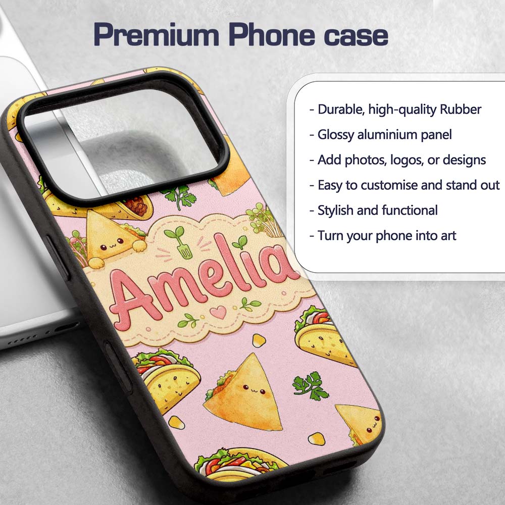 Cute Kawaii Taco and Wrap Food Pattern Soft Pink Custom Name Protective Phone Case Mobile Cover Durable Everyday Smartphone Shock Resistant