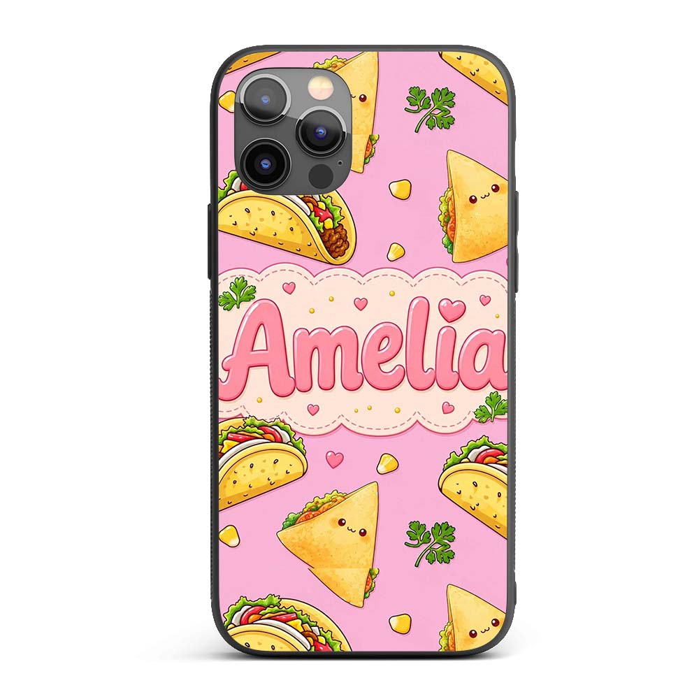 Cute Kawaii Taco and Wrap Food Pattern Blush Pink Custom Name Protective Phone Case Mobile Cover Durable Everyday Smartphone Shock Resistant