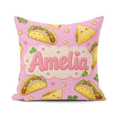 Custom Name Cute Kawaii Taco and Wrap Food Blush Pink Background Square Filled Cushion Throw Pillow Sofa Bed Home Decor Zip Washable UK Made