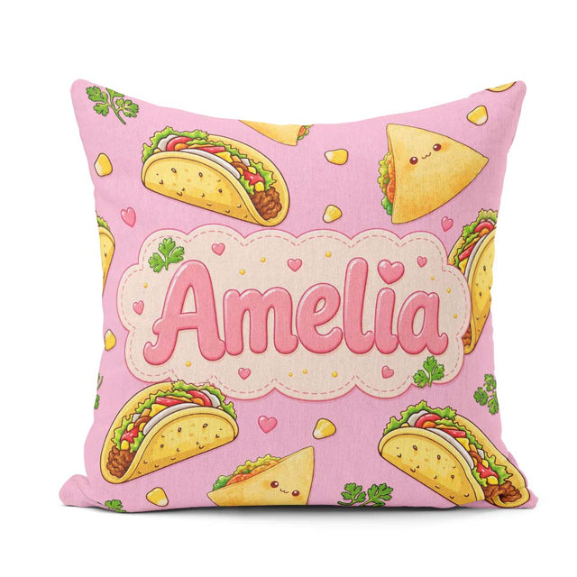 Custom Name Cute Kawaii Taco and Wrap Food Blush Pink Background Square Filled Cushion Throw Pillow Sofa Bed Home Decor Zip Washable UK Made