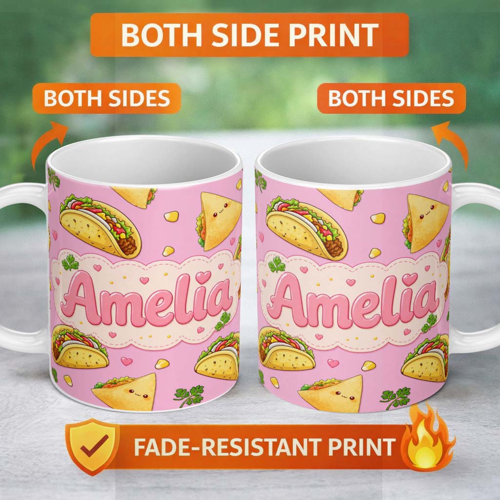 Personalized Custom Name Cute Kawaii Taco and Wrap Food Pattern Blush Pink Background 11oz Ceramic Coffee Tea Mug White Large Handle
