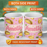 Personalized Custom Name Cute Kawaii Taco and Wrap Food Pattern Blush Pink Background 11oz Ceramic Coffee Tea Mug White Large Handle
