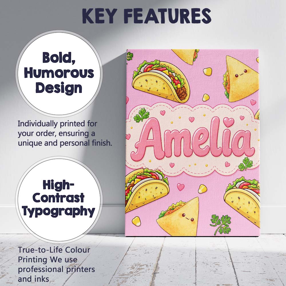 Personalised Name Cute Kawaii Taco and Wrap Custom  Bespoke Interior Contemporary Canvas Wall Art Print Decor Picture Ready to Hang