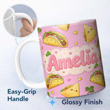 Personalized Custom Name Cute Kawaii Taco and Wrap Food Pattern Blush Pink Background 11oz Ceramic Coffee Tea Mug White Large Handle