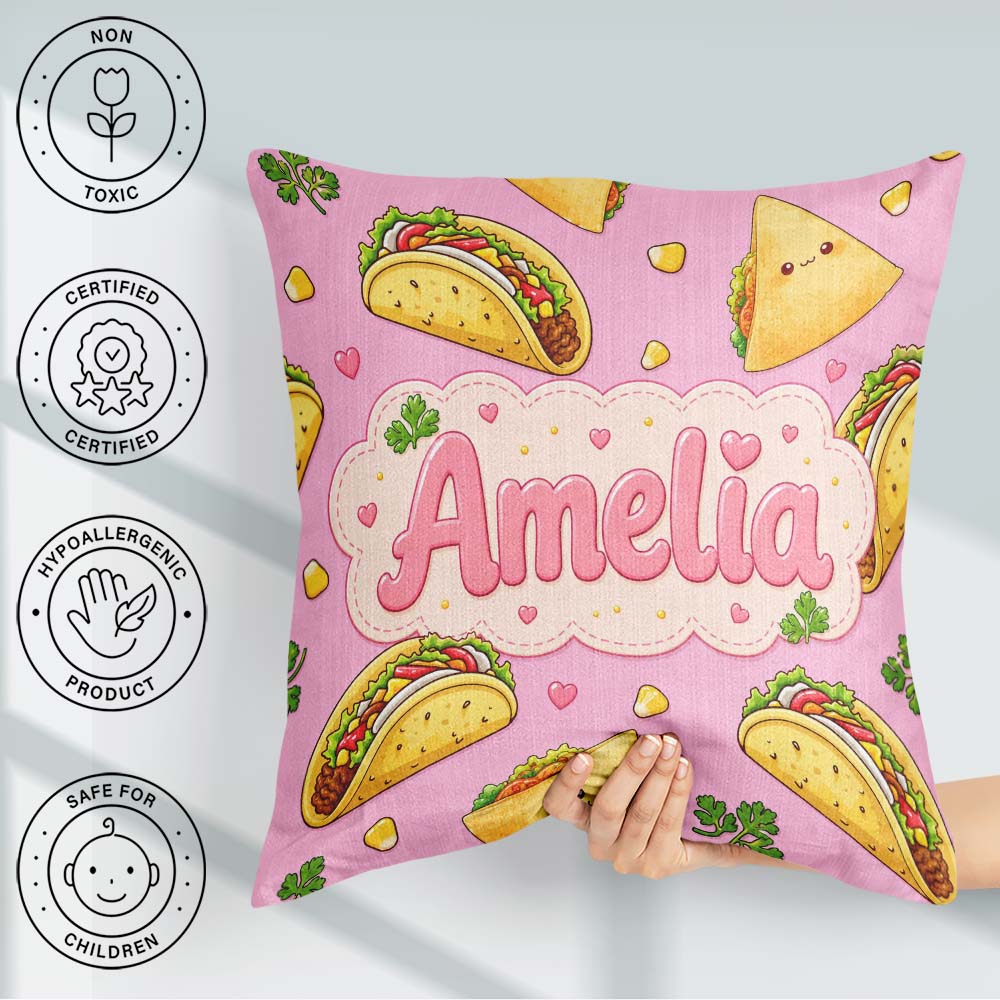 Custom Name Cute Kawaii Taco and Wrap Food Blush Pink Background Square Filled Cushion Throw Pillow Sofa Bed Home Decor Zip Washable UK Made