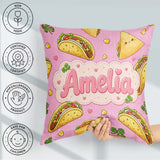 Custom Name Cute Kawaii Taco and Wrap Food Blush Pink Background Square Filled Cushion Throw Pillow Sofa Bed Home Decor Zip Washable UK Made