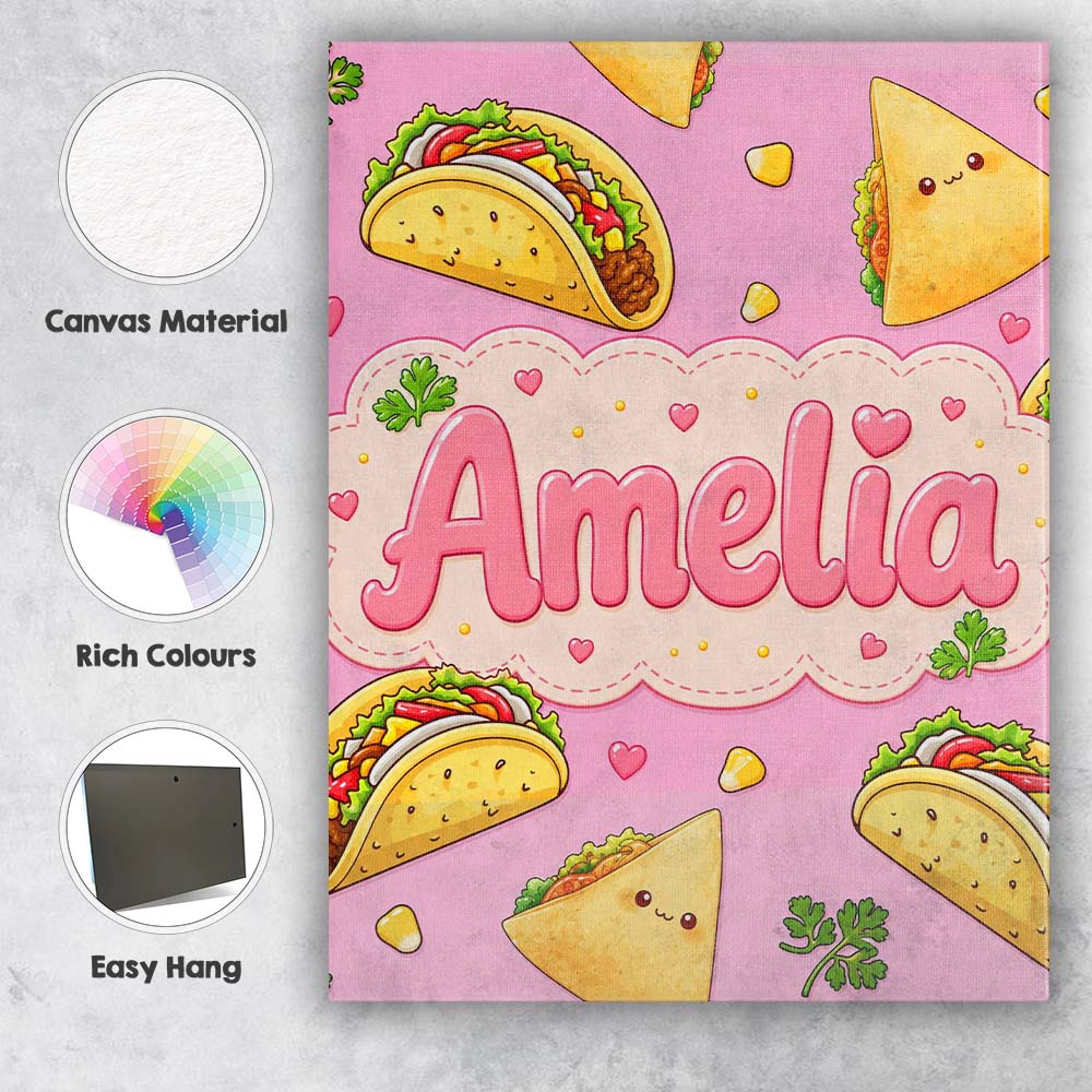 Personalised Name Cute Kawaii Taco and Wrap Custom  Bespoke Interior Contemporary Canvas Wall Art Print Decor Picture Ready to Hang