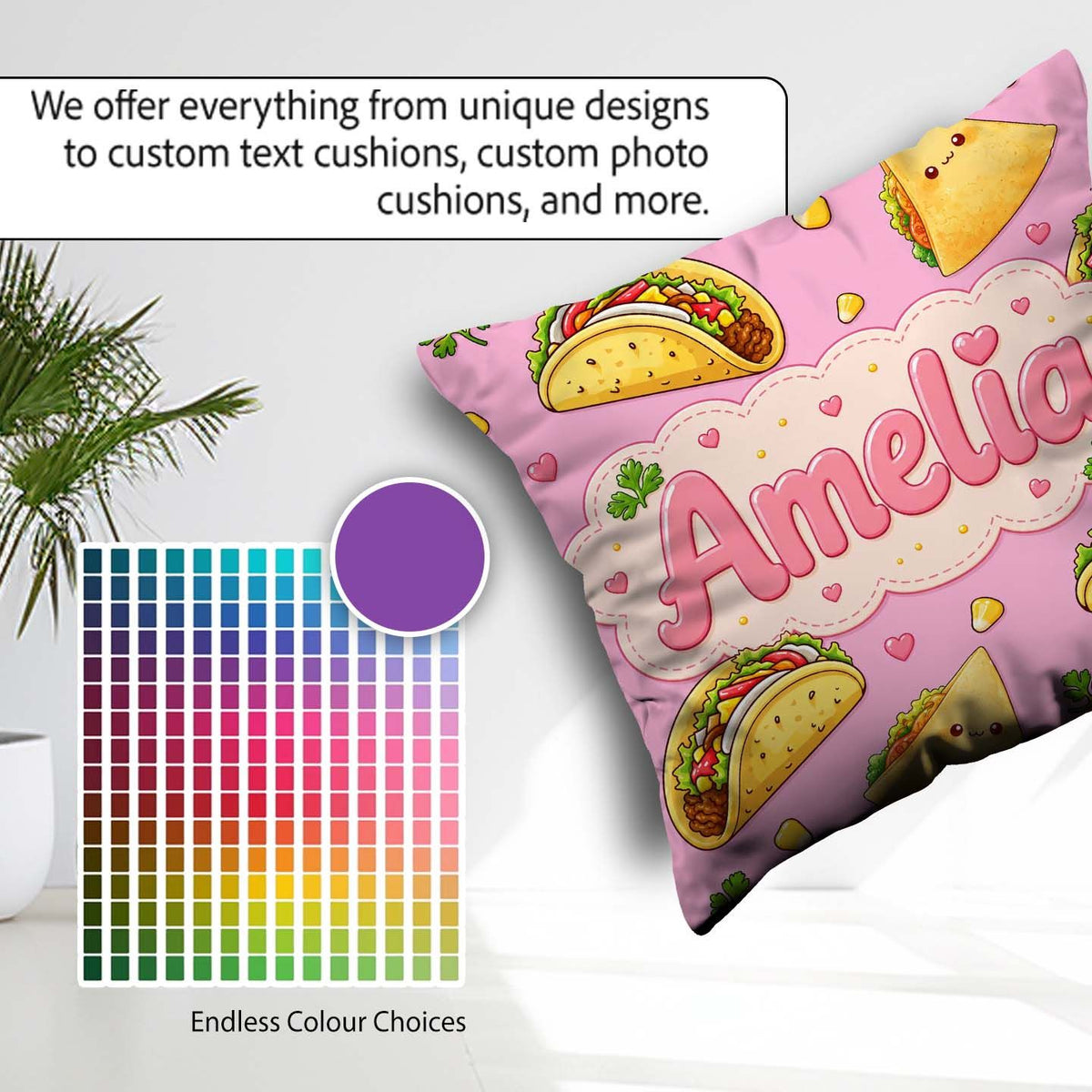 Custom Name Cute Kawaii Taco and Wrap Food Blush Pink Background Square Filled Cushion Throw Pillow Sofa Bed Home Decor Zip Washable UK Made