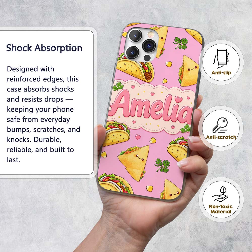 Cute Kawaii Taco and Wrap Food Pattern Blush Pink Custom Name Protective Phone Case Mobile Cover Durable Everyday Smartphone Shock Resistant