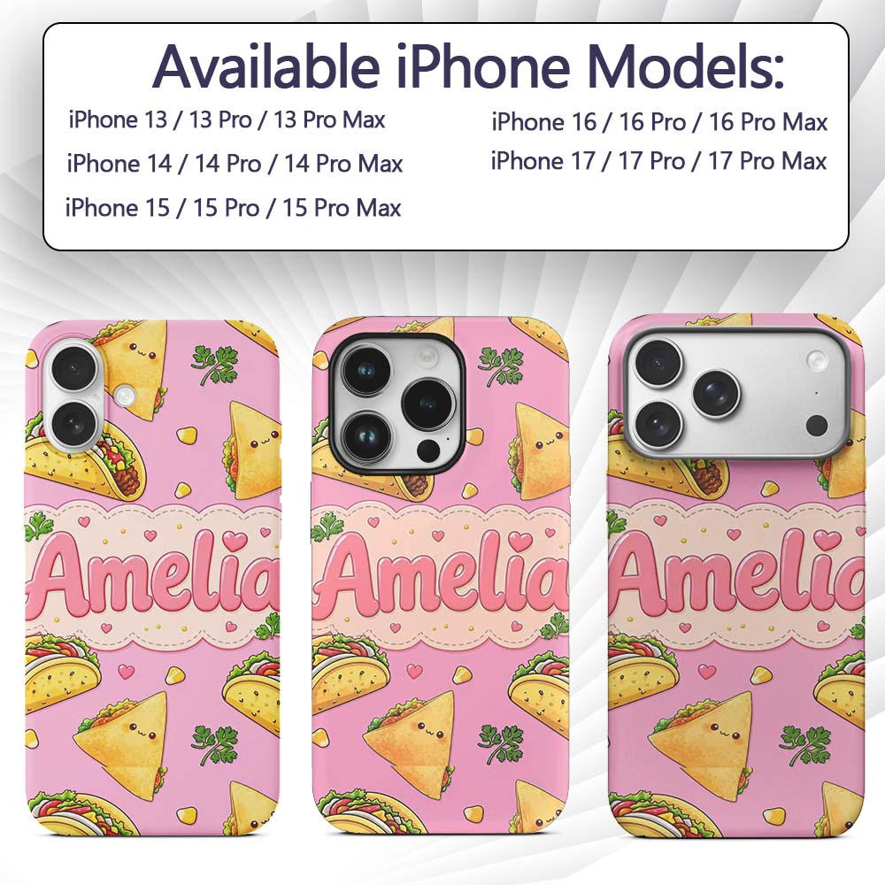 Cute Kawaii Taco and Wrap Food Pattern Blush Pink Custom Name Protective Phone Case Mobile Cover Durable Everyday Smartphone Shock Resistant