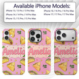 Cute Kawaii Taco and Wrap Food Pattern Blush Pink Custom Name Protective Phone Case Mobile Cover Durable Everyday Smartphone Shock Resistant