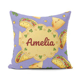 Custom Name Kawaii Taco and Wrap Food Purple Background Seamless Square Filled Cushion Throw Pillow Sofa Bed Home Decor Zip Washable UK Made