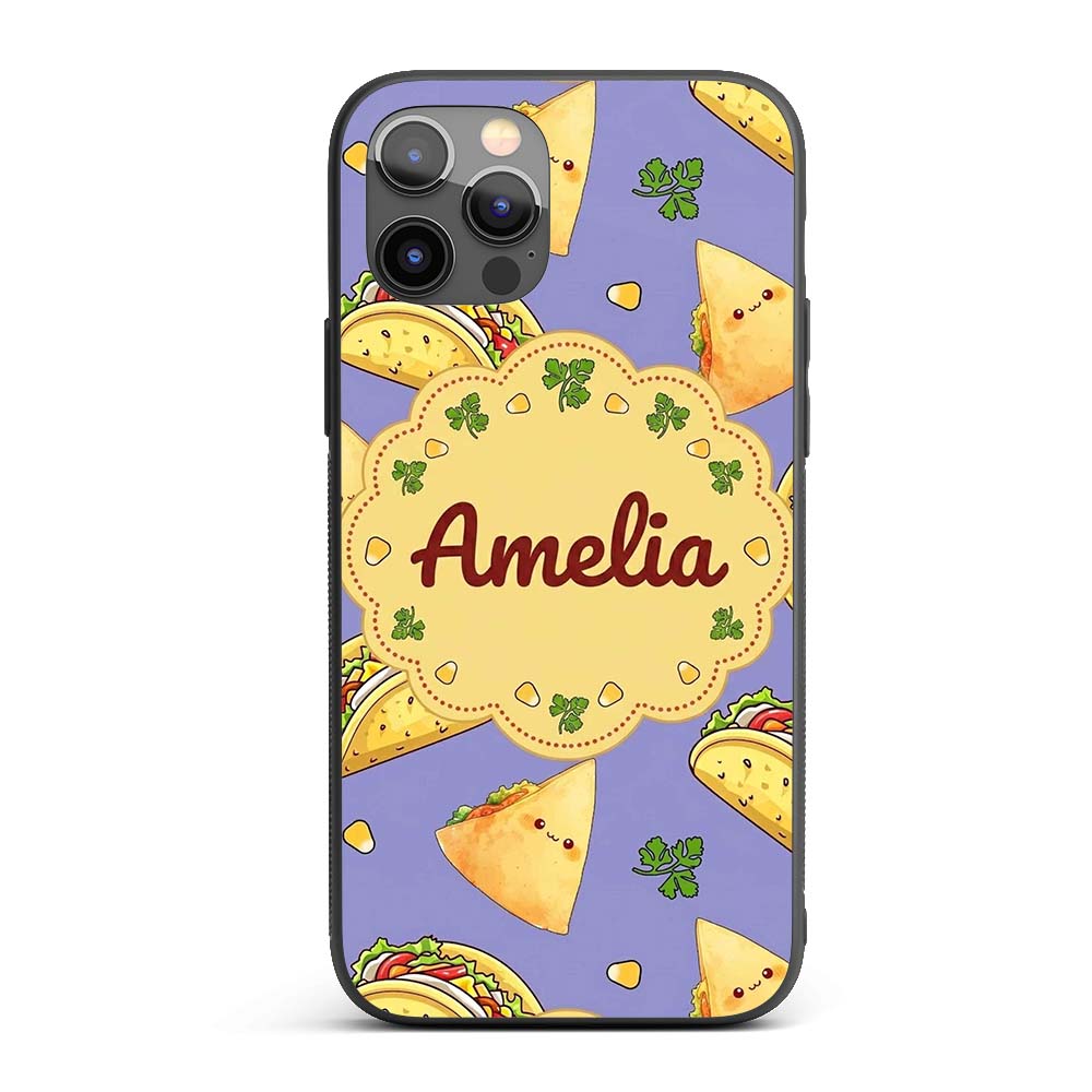 Cute Kawaii Taco and Wrap Food Pattern Purple Custom Name Protective Phone Case Mobile Cover Durable Everyday Smartphone Shock Resistant