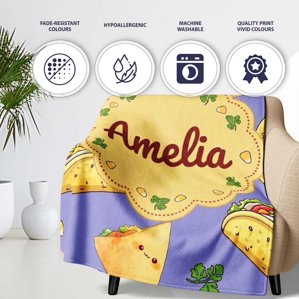 Cute Kawaii Taco and Wrap Food Pattern Purple Background Seamless  Personalised Custom Name Super Soft Fleece Blanket Bed Sofa Throw