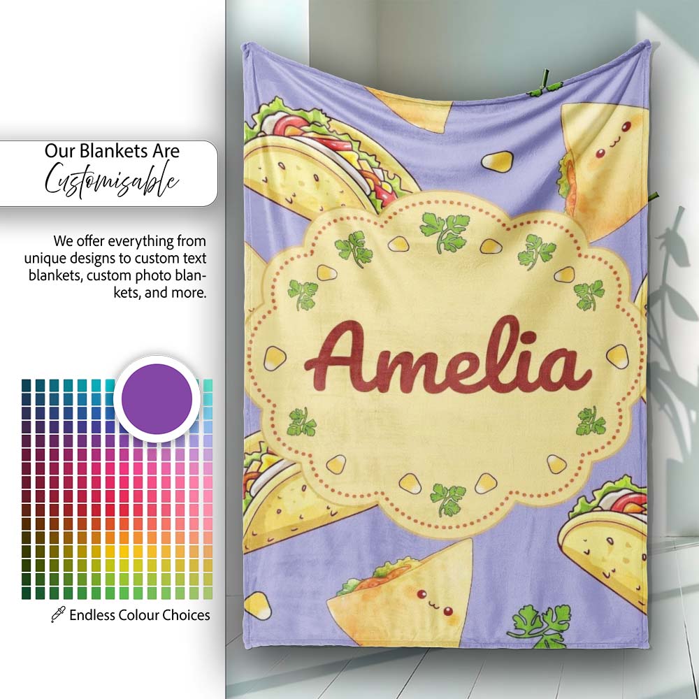 Cute Kawaii Taco and Wrap Food Pattern Purple Background Seamless  Personalised Custom Name Super Soft Fleece Blanket Bed Sofa Throw