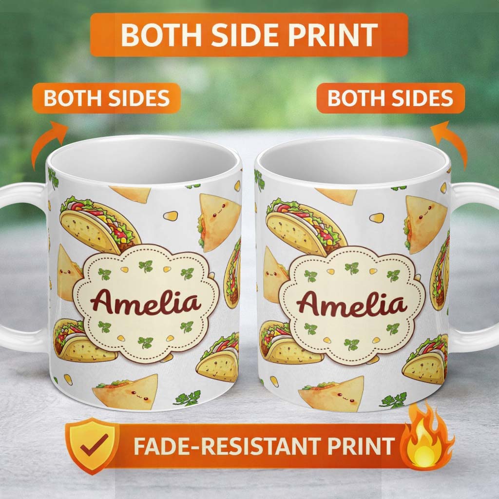 Personalized Custom Name Cute Kawaii Taco and Wrap Food Pattern White Background Seamless 11oz Ceramic Coffee Tea Mug White Large Handle