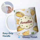 Personalized Custom Name Cute Kawaii Taco and Wrap Food Pattern White Background Seamless 11oz Ceramic Coffee Tea Mug White Large Handle