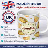 Personalized Custom Name Cute Kawaii Taco and Wrap Food Pattern White Background Seamless 11oz Ceramic Coffee Tea Mug White Large Handle