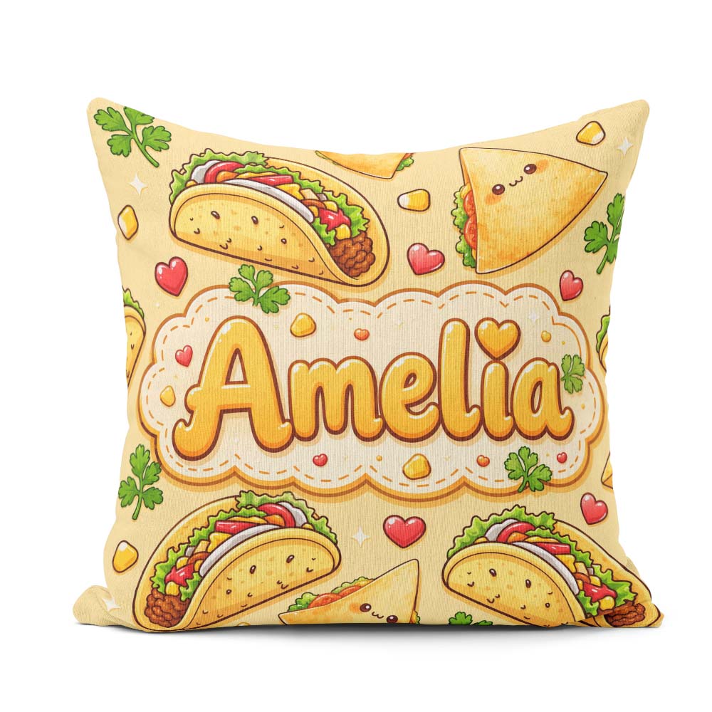 Custom Name Kawaii Taco and Wrap Food Yellow Background Seamless Square Filled Cushion Throw Pillow Sofa Bed Home Decor Zip Washable UK Made