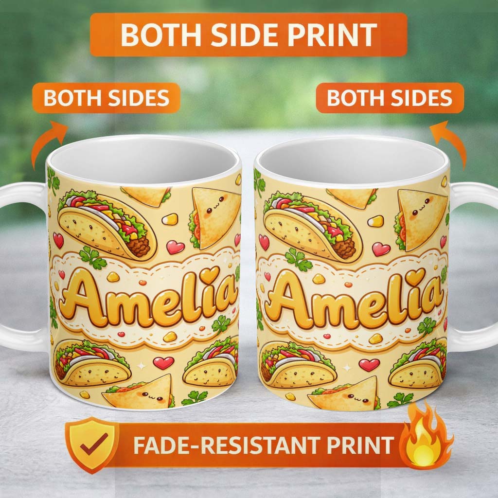 Personalized Custom Name Cute Kawaii Taco and Wrap Food Pattern Yellow Background Seamless 11oz Ceramic Coffee Tea Mug White Large Handle