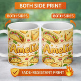Personalized Custom Name Cute Kawaii Taco and Wrap Food Pattern Yellow Background Seamless 11oz Ceramic Coffee Tea Mug White Large Handle