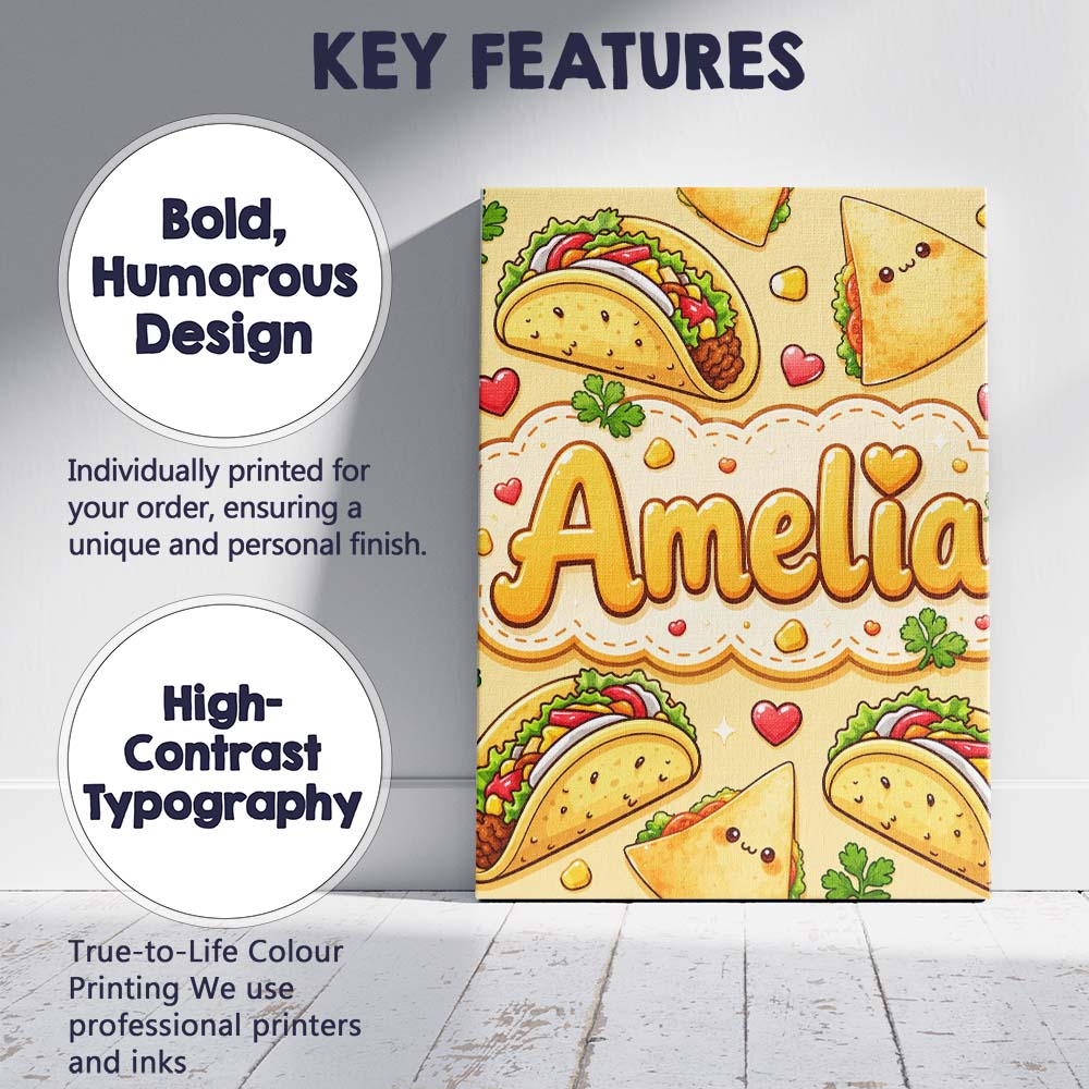 Personalised Name Cute Kawaii Taco and Wrap Custom  Bespoke Interior Contemporary Canvas Wall Art Print Decor Picture Ready to Hang
