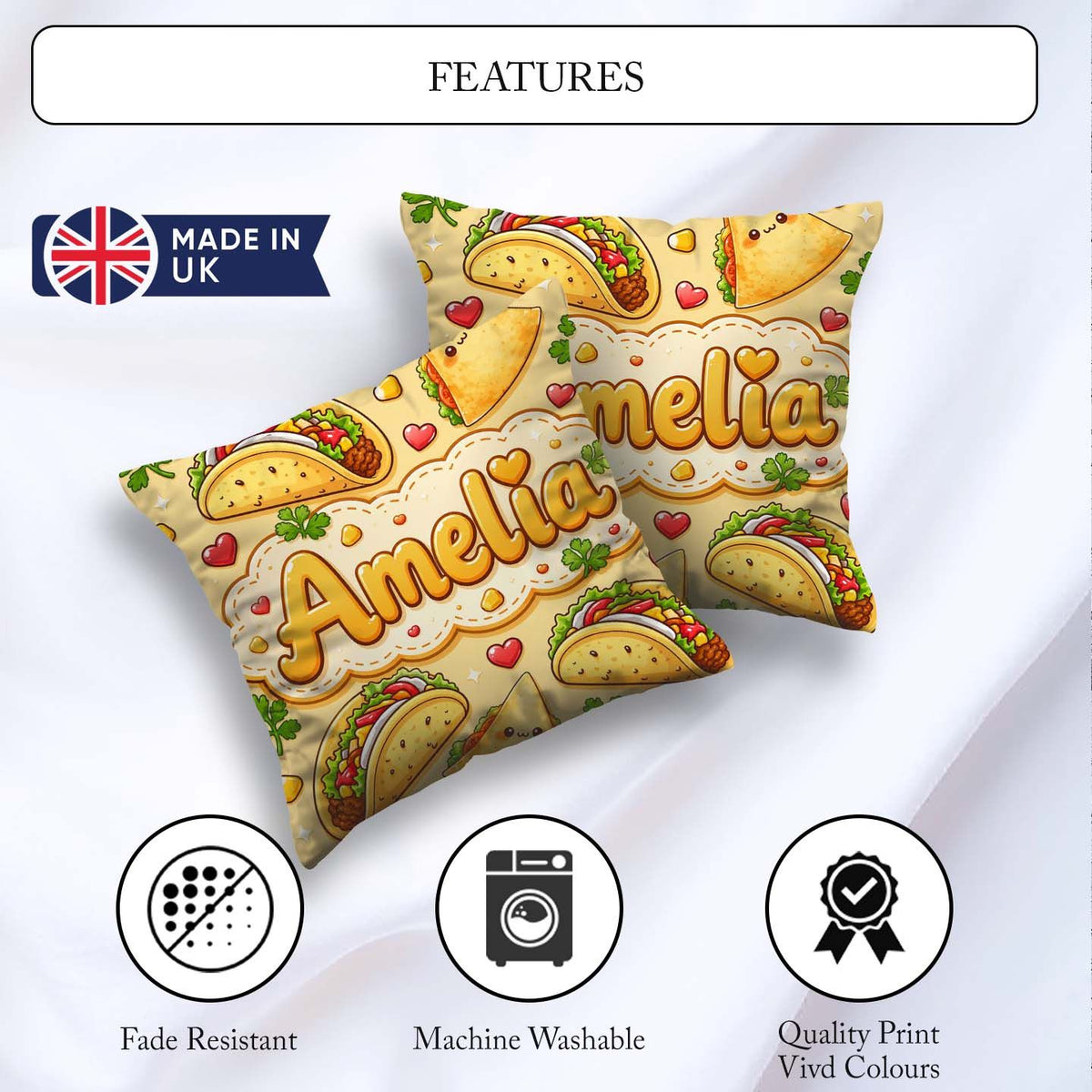Custom Name Kawaii Taco and Wrap Food Yellow Background Seamless Square Filled Cushion Throw Pillow Sofa Bed Home Decor Zip Washable UK Made