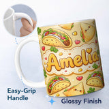 Personalized Custom Name Cute Kawaii Taco and Wrap Food Pattern Yellow Background Seamless 11oz Ceramic Coffee Tea Mug White Large Handle