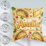 Custom Name Kawaii Taco and Wrap Food Yellow Background Seamless Square Filled Cushion Throw Pillow Sofa Bed Home Decor Zip Washable UK Made