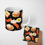 Personalized Custom Name Breakfast Food Eggs Sausage Sandwich Seamless Pattern Black 11oz Ceramic Coffee Tea Mug White Large Handle