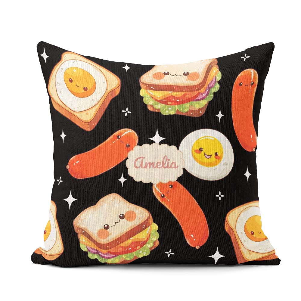 Custom Name Breakfast Food Eggs Sausage Sandwich Seamless Black Square Filled Cushion Throw Pillow Sofa Bed Home Decor Zip Washable UK Made