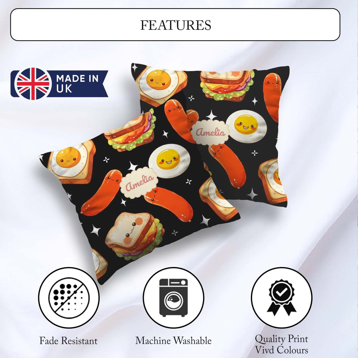 Custom Name Breakfast Food Eggs Sausage Sandwich Seamless Black Square Filled Cushion Throw Pillow Sofa Bed Home Decor Zip Washable UK Made
