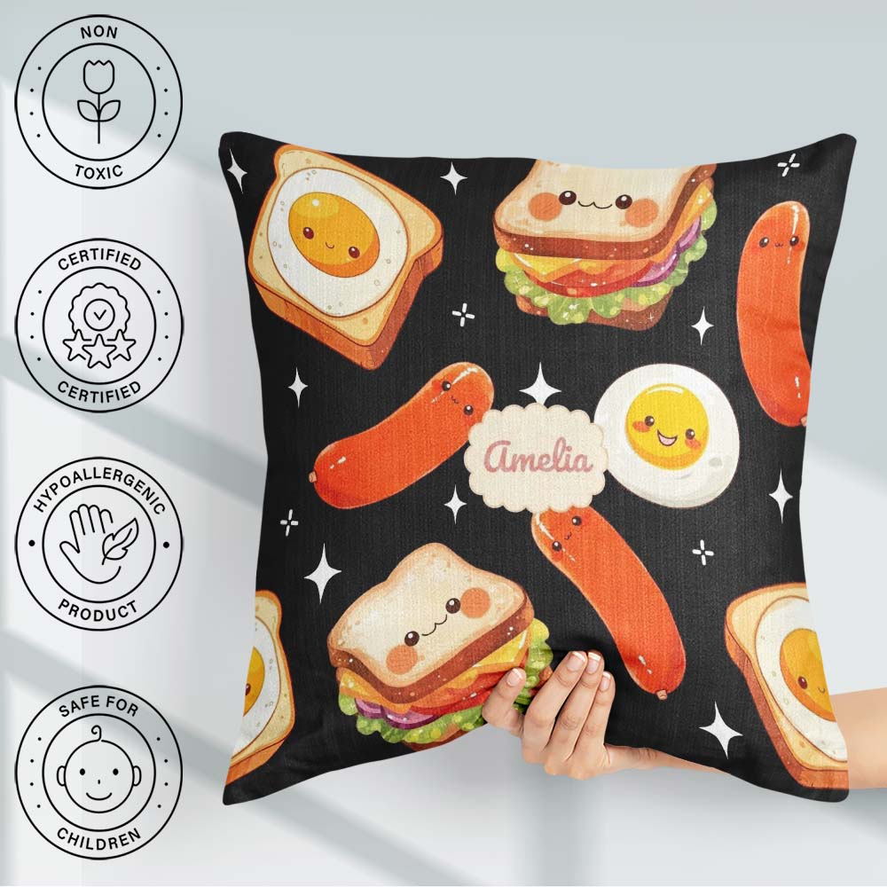 Custom Name Breakfast Food Eggs Sausage Sandwich Seamless Black Square Filled Cushion Throw Pillow Sofa Bed Home Decor Zip Washable UK Made