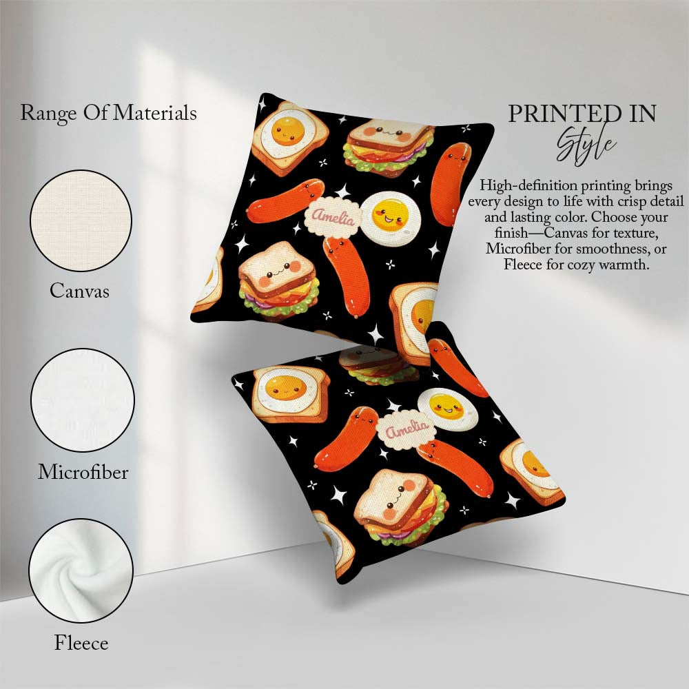 Custom Name Breakfast Food Eggs Sausage Sandwich Seamless Black Square Filled Cushion Throw Pillow Sofa Bed Home Decor Zip Washable UK Made