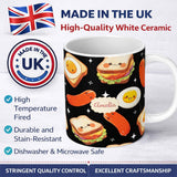 Personalized Custom Name Breakfast Food Eggs Sausage Sandwich Seamless Pattern Black 11oz Ceramic Coffee Tea Mug White Large Handle