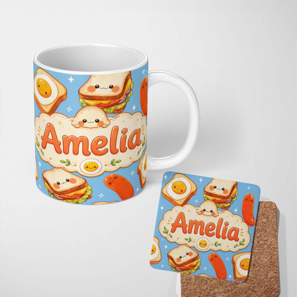 Personalized Custom Name Breakfast Food Eggs Sausage Sandwich Seamless Pattern Blue 11oz Ceramic Coffee Tea Mug White Large Handle