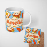 Personalized Custom Name Breakfast Food Eggs Sausage Sandwich Seamless Pattern Blue 11oz Ceramic Coffee Tea Mug White Large Handle