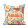 Custom Name Breakfast Food Eggs Sausage Sandwich Seamless Blue Square Filled Cushion Throw Pillow Sofa Bed Home Decor Zip Washable UK Made