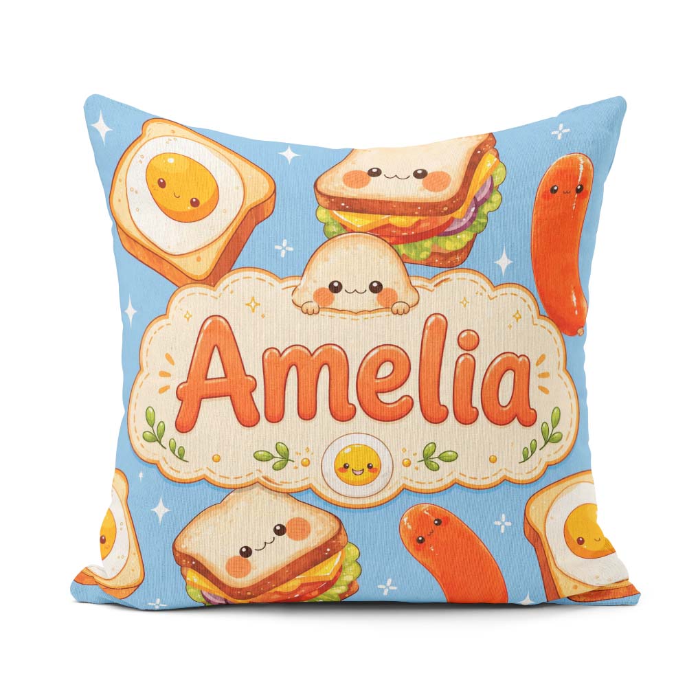 Custom Name Breakfast Food Eggs Sausage Sandwich Seamless Blue Square Filled Cushion Throw Pillow Sofa Bed Home Decor Zip Washable UK Made