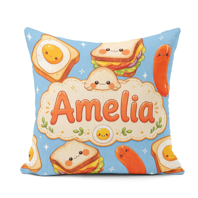 Custom Name Breakfast Food Eggs Sausage Sandwich Seamless Blue Square Filled Cushion Throw Pillow Sofa Bed Home Decor Zip Washable UK Made