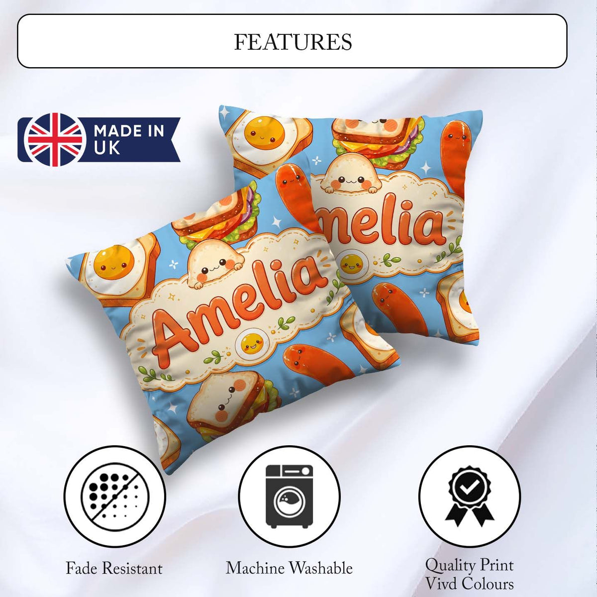 Custom Name Breakfast Food Eggs Sausage Sandwich Seamless Blue Square Filled Cushion Throw Pillow Sofa Bed Home Decor Zip Washable UK Made