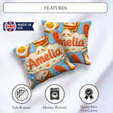 Custom Name Breakfast Food Eggs Sausage Sandwich Seamless Blue Square Filled Cushion Throw Pillow Sofa Bed Home Decor Zip Washable UK Made