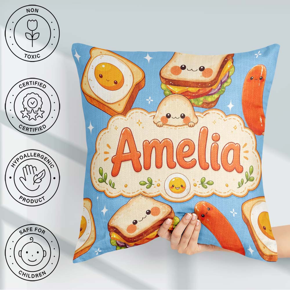 Custom Name Breakfast Food Eggs Sausage Sandwich Seamless Blue Square Filled Cushion Throw Pillow Sofa Bed Home Decor Zip Washable UK Made