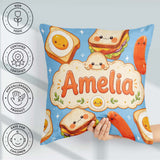 Custom Name Breakfast Food Eggs Sausage Sandwich Seamless Blue Square Filled Cushion Throw Pillow Sofa Bed Home Decor Zip Washable UK Made